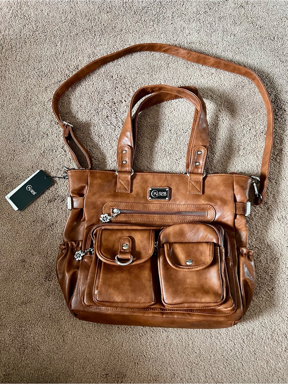 KL928 Large Brown Multi-Pocket Crossbody Tote
